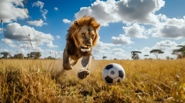 Action photograph of lion playing soccer Animals. Sports