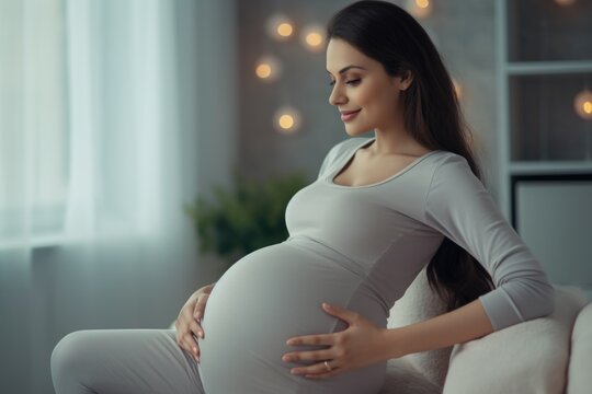 A pregnant woman is sitting on a comfortable couch in a well-lit living room. This image can be used to depict pregnancy, relaxation, home, or family life