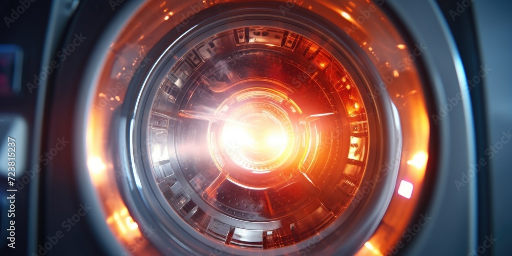 Poster a close-up view of a lens with a light shining through it. this image can be used to represent photo