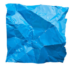 Blue crumpled paper with folds texture cut out on transparent background