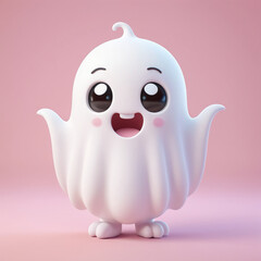Cute 3D render friendly smile halloween white ghost on a pastel background