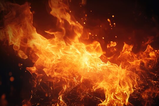 A close up view of a fire on a black background. This image can be used to depict warmth, energy, or danger