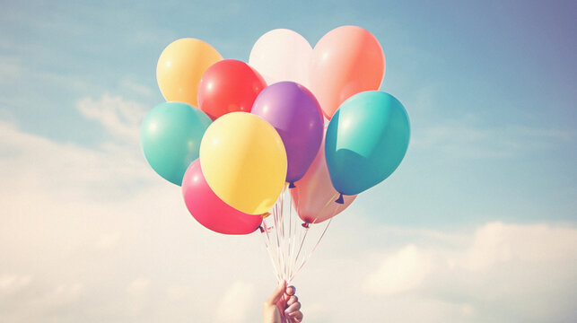 Hand holding colorful balloons on blue sky background - vintage effect style pictures