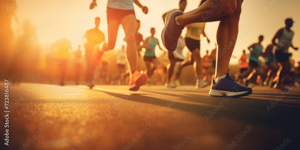 Poster a dynamic image capturing a group of people running in a marathon. suitable for promoting fitness, s