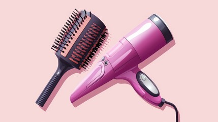 A hair dryer and a hair brush are pictured on a pink background. Perfect for beauty and hair care related designs - obrazy, fototapety, plakaty