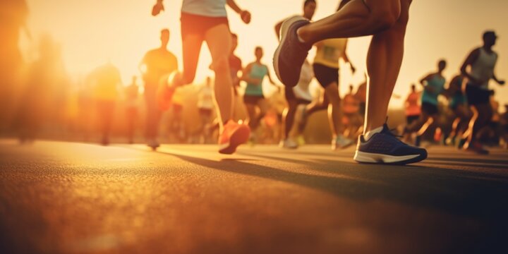 A dynamic image capturing a group of people running in a marathon. Suitable for promoting fitness, sports events, and active lifestyles