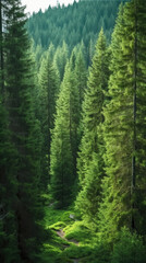 Green coniferous forest in the Carpathian mountains, Ukraine