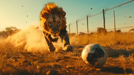 Action photograph of lion playing soccer Animals. Sports