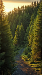 Sunset in the forest with a path leading to the top .