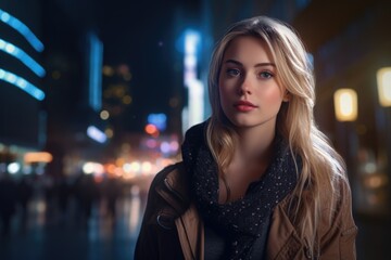 Fototapeta premium A woman standing on a city street at night. Can be used to depict urban life, nightlife, or cityscape. Suitable for website banners, blog posts, or social media content