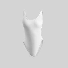 Mockup of white sports one-piece swimsuit 3D rendering, front view, women's swimwear body without...