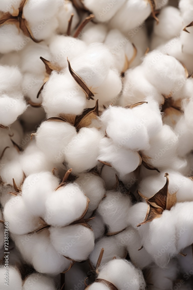 Poster A detailed close-up view of a pile of white cotton. This image can be used to represent softness, cleanliness, or textile materials