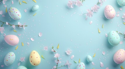 Fototapeta na wymiar Easter eggs with flowers on pastel blue background