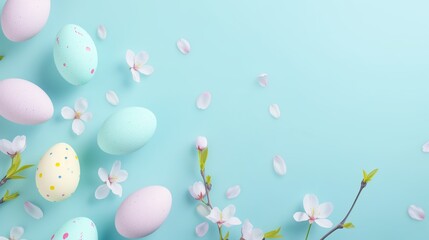 Fototapeta na wymiar Easter eggs with flowers on pastel blue background