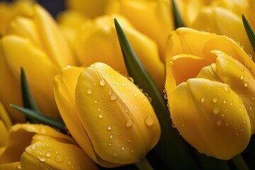 A vibrant bunch of yellow tulips with glistening water droplets. Perfect for adding a touch of freshness and beauty to any project