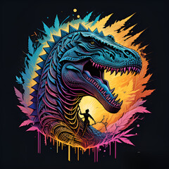 Colorful poster with angry alligator in vector design style isolated on black background,  A Colorful Vector Dinosaur with Paint Splatters,