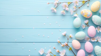 Sakura blossom flower, colorful happy easter eggs on wood blue spring background
