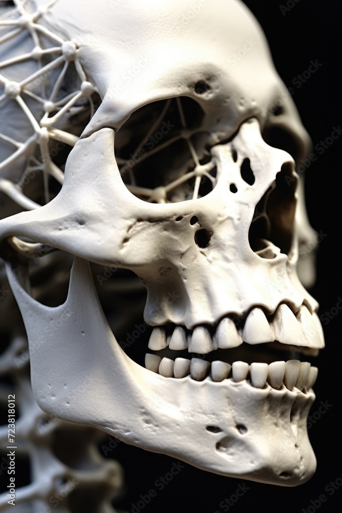 Poster a skeleton with a netted head and teeth. suitable for halloween-themed projects or educational mater