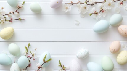 Sakura blossom flower, white happy easter eggs on white wood spring background