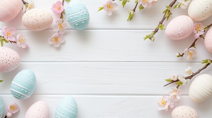 Sakura blossom flower, white happy easter eggs on white wood spring background - Powered by Adobe