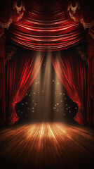 Stage with red curtains and spotlights,    .