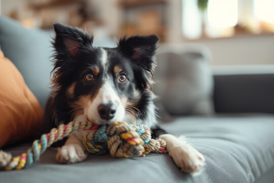 Cute dog playing with toy on the couch with rope