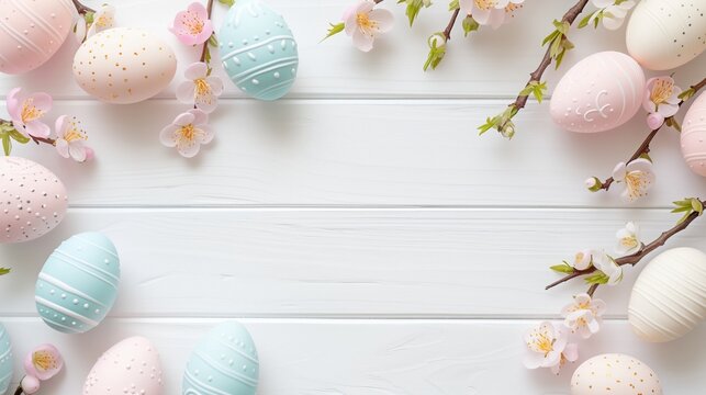 Sakura blossom flower, white happy easter eggs on white wood spring background