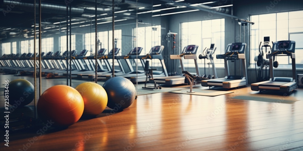 Poster a gym room filled with exercise balls and various exercise equipment. perfect for fitness and workou