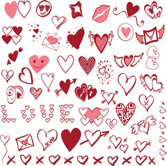 Set of hearts, Set of scribble red hearts. Collection of heart shapes draw by hand. Symbol of love. Design elements for Valentine's Day card. Vector hearts. Vector illustration