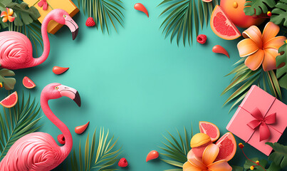 Exotic tropical summer travel background. Summer beach party concept. Summer sale. Pink flamingo in...