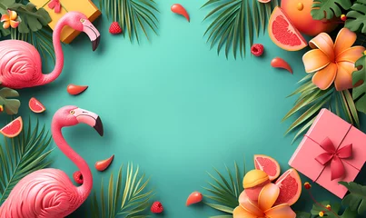 Tuinposter Exotic tropical summer travel background. Summer beach party concept. Summer sale. Pink flamingo in sunglasses, tropical leaves, palm branches on blue background  © olyphotostories