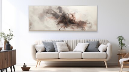 Interior. An abstract painting of a winter landscape hangs on the wall in calm pastel colors.