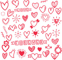 Set of hearts, Set of scribble red hearts. Collection of heart shapes draw by hand. Symbol of love. Design elements for Valentine's Day card. Vector hearts. Vector illustration
