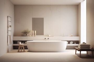 Fototapeta na wymiar Pale color spacious minimal design luxury decorated bathroom interior