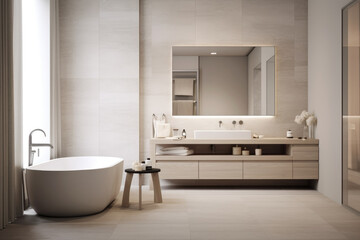 Fototapeta na wymiar Pale color spacious minimal design luxury decorated bathroom interior