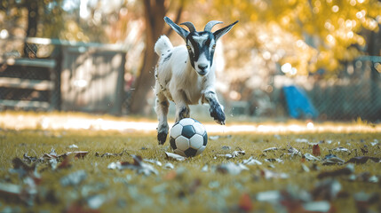 Action photograph of pygmy Goat playing soccer Animals. Sports