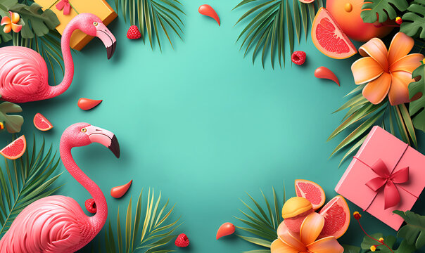 Exotic tropical summer travel background. Summer beach party concept. Summer sale. Pink flamingo in sunglasses, tropical leaves, palm branches on blue background	 - Powered by Adobe