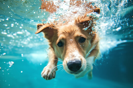 dog underwater catching ball. Underwater funny photo of dog in swimming pool play with fun - jumping, diving deep down. Actions, training games with family pets and popular dog breeds on summer vacati