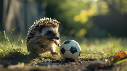 Action photograph of hedgehog playing soccer Animals. Sports