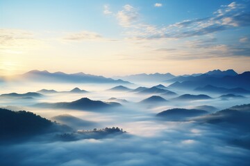 Fototapeta premium Aerial view of misty mountains at sunrise
