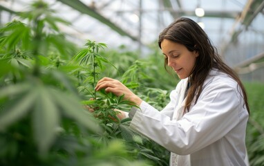 Woman in a white lab coat tending to a hemp plant. In the background a modern, greenhouse. Irrigation and air systems.