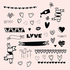 Set of scribble black hearts. Collection of heart shapes draw by hand. Symbol of love. Design elements for Valentine's Day card. Vector hearts. Vector illustration