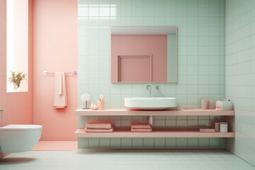 Fototapeta na wymiar Pastel color spacious minimal design luxury decorated bathroom interior