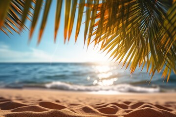 Palm leaf on sandy beach with sea and sky background. Summer vacation concept