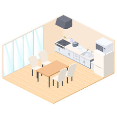 アイソメトリックで描いたダイニング・キッチンのイラスト