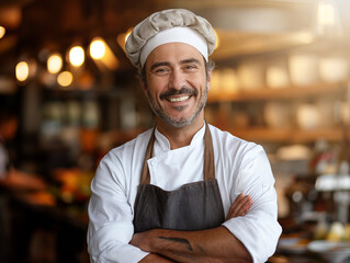 Koch mit Kochmütze, trägt eine Schürze, steht mit verschränkten Armen in der Restaurantküche und lächelt.