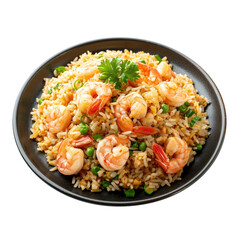 Shrimp fried rice with assorted vegetables in plate. Isolated on Transparent background