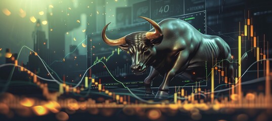 Green suited bull with rising candlestick charts, trading volatility, and recession concept - obrazy, fototapety, plakaty