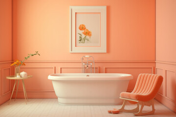 Fototapeta na wymiar Pastel orange color spacious minimal design luxury decorated bathroom interior