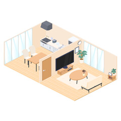 アイソメトリックで描いたダイニング・キッチン・リビングのイラスト